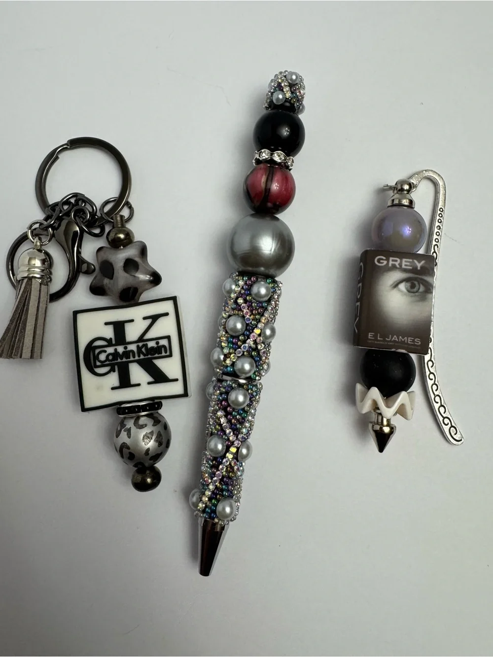 Beaded Pen and Logo Keychain Set in Black, Silver, Pink, Purple